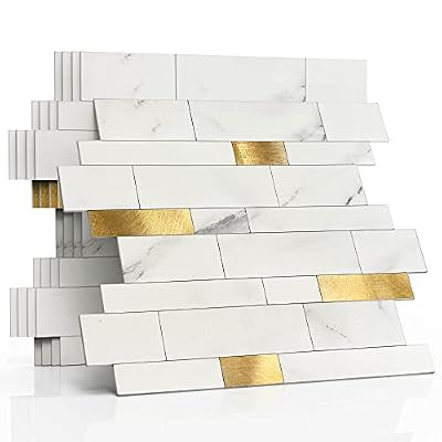 M MOFIT Backsplash Tile for Kitchen Peel and Stick Stone Matte Finish,Bathroom Tiles Stickers 3D Wall Panel Linear Mosaic Marble Backsplash Waterproof(10sheets,White Gold)