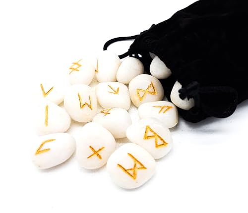 Lot de 25 pierres précieuses runes - Agate blanche - 25 pierres d'environ 25 mm dans une pochette en velours - Mythologie Viking ésotérisme - Méditation...