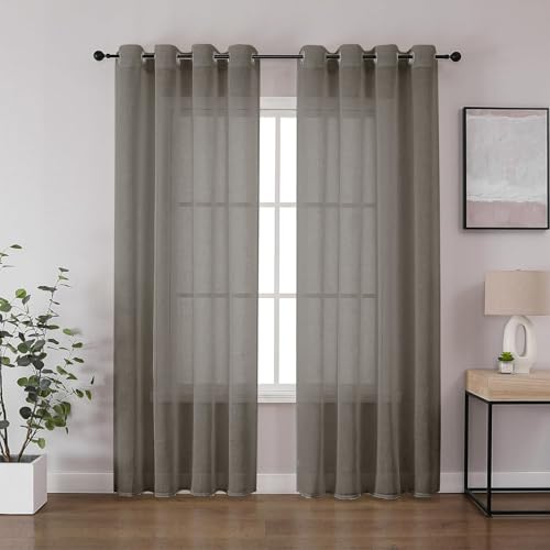 CUCRAF Leinenoptik Voile Vorhänge mit Ösen Halbtransparent Gardine für Schlafzimmer Wohnzimmer H225 x B140cm 2er Set,Hellgrau
