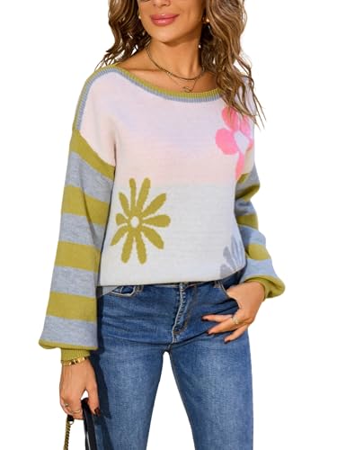 Chevara Women’s Floral Print Knit Sweaters Striped Long Sleeves Crew Neck Trendy Pullover Sweater Tops