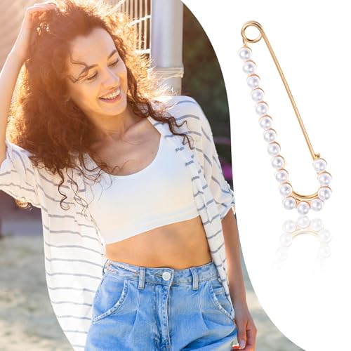 Image of 8 Pcs Brooch Pins Peal Decorative Safety Pins Sweater Shawl Clips Brooch Safety Pin for Clothing Dress Pants Skirt Cardigan Collar Faux Pearl Rhinestones Brooches for Womens Pants Extender