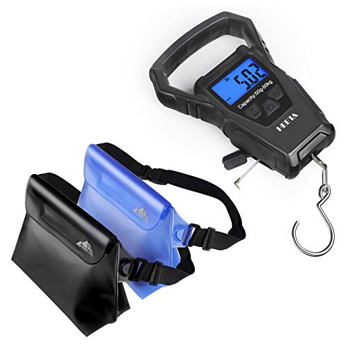 HEETA 2-Pack Waterproof Pouch with Waist Strap, Transparent Screen Touchable Dry Bag Bundle with Waterproof Fish Scale Digital with Backlit LCD Display