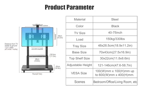 Soporte Móvil Universal para TV 40-75" Negro Resistente miniatura 2