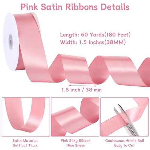 Image of woric Pink Ribbon 1 1 /2 Inch 60 Yards Single Faced Pink Satin Ribbon for Flower Bouquet Graduation Leis Handmade Roses Hair Bows Wedding Baby Girl Crafts