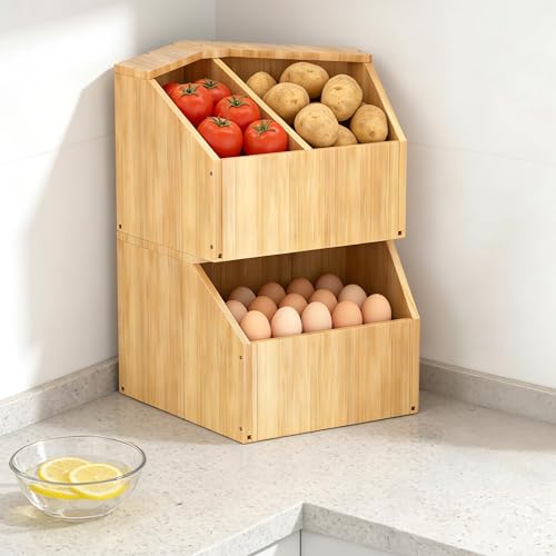 2 Pack Bamboo Pantry Storage Bins, Stackable Potato & Onion Storage Bin