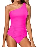Tempt Me Two Piece Tankini Set Swimsuits for Women Tummy Control Bathing Suit One Shoulder Swimwear with Bikini Bottoms, Hot Pink, Large