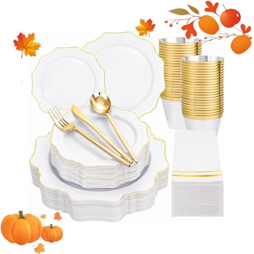 WDF 175Pcs Gold Plates Disposable - White and Gold Plastic Plates 25guest Plastic Dinnerware Ideal for Party/Wedding/Banquets/Thanksgiving/Christmas WDF 175Pcs Gold Plates Disposable - White and Gold Plastic Plates 25guest Plastic Dinnerware Ideal for Party/Wedding/Banquets/Thanksgiving/Christmas