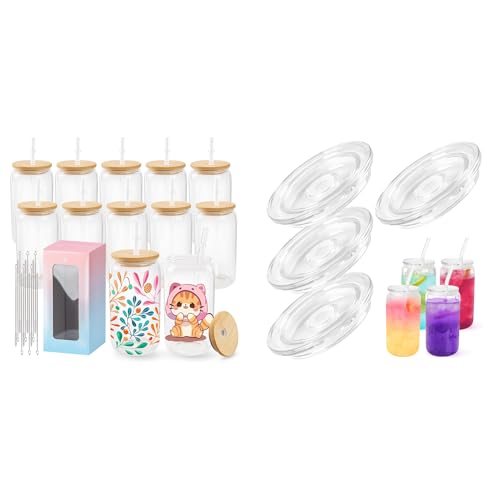 Joyclub Bundle of 12 Pack Sublimation Glass Cups with Lids and Straws 16oz and 4 Pack Acrylic Lids Fit for 16 oz Glass Cups
