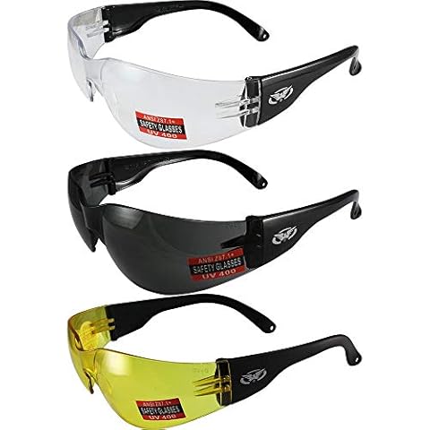 Three Pairs of Global Vision Rider Safety Motorcycle Riding Sunglasses Black Frames One Pair Clear Lens One Pair Smoke Lens and One Pair Yellow Tint Lens ANSI Z87.1 Cover