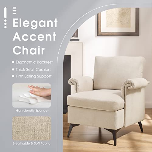 Volans Home Mid-Century Modern Accent Chair, Upholstered Line Armchair With Solid Frame, Comfy Retro Leisure Chair Reading Chair For Living Room, Bedroom, Offwhite #TOP3