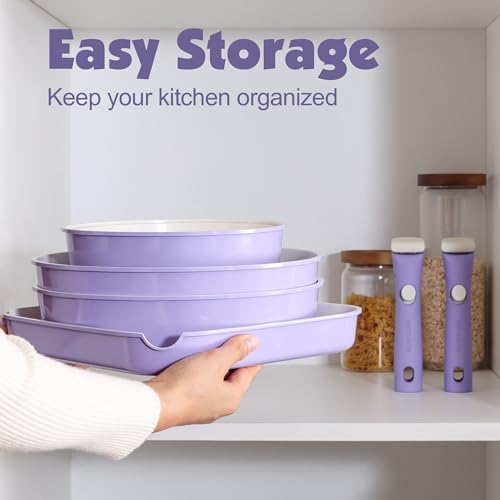 Image of SENSARTE 17 Piece Ceramic Pots and Pans Set, Nonstick Detachable Handle Cookware, Induction Kitchen Cookware Set with Removable Handle, Dishwasher & Oven Safe (Purple)