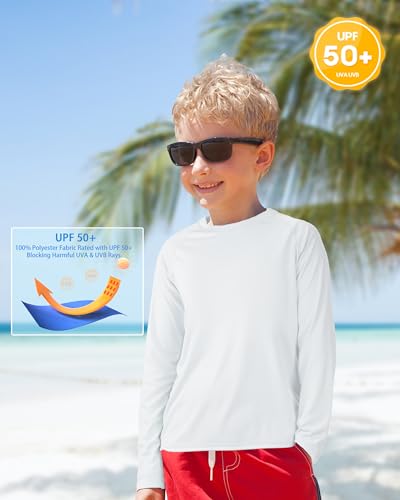 Image of Boys UPF 50+ Rash Guard Swim Shirt, Kids Youth Long Sleeve Sun Protection UV Rashguard Shirts for Water Surfing Beach