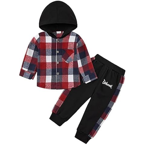 URMAGIC Toddler Boys Clothes Flannel Button Down Plaid Long Sleeve Hoodied Tops + Pants Kids 2pcs Spring Fall Outfits Set Cover