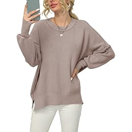 ANRABESS Women Crewneck Batwing Sleeve Oversized Side Slit Ribbed Knit Pullover Sweater Top