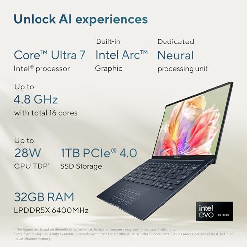 Image of ASUS Zenbook 14, Intel Core Ultra 7, 14 inch 3K OLED 16:10 120 Hz, Thin & Light Laptop, Built-in AI (32GB RAM /1 TB / /Win 11 /Office 2021 /Backlit /Touchscreen /75WHr /Ponder Blue /1.28 Kg), UX3405MA-PZ762WS