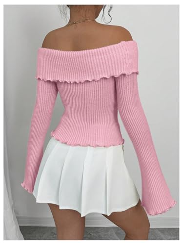 GORGLITTER Women's Off The Shoulder Sweater Floral Cute Fall Outfits 2025 Bell Flared Sleeve Asymmetrical Knitted Tops2