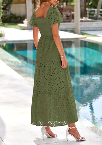 Image of PRETTYGARDEN Summer Dresses for Women 2026 Eyelet Square Neck Puff Sleeve Smocked Wedding Guest Maxi Dress with Pockets