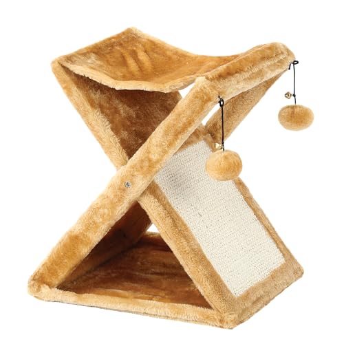 Etna Products Foldaway Cat Play Tower and Scratching Post with Hanging Balls, Indoor Cat Interactive Toy for Play and Exercise.