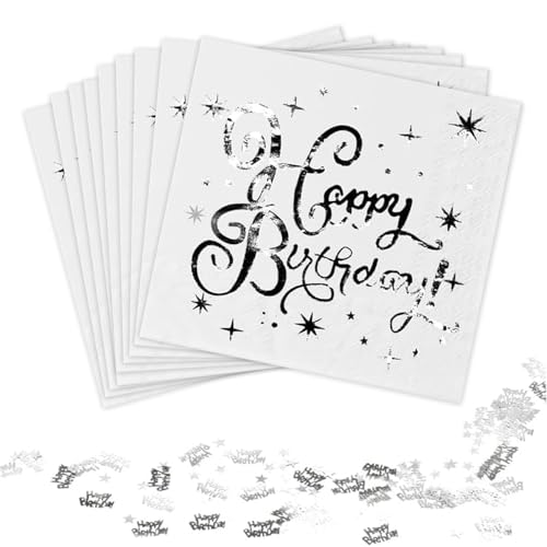 Lot de 50 serviettes d'anniversaire en papier - 33 x 33 cm - Blanc et argenté - Décoration de table Happy Birthday pour garçon et fille