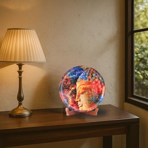 Image of RITUALISTIC Iron With Enamel Work, Mango Wood Stand Buddha Single Wall Plate 10 Inch with Stand|Wall Arts For Home Decoration, Living Room|Aesthetic Room Decor Items|Wall Hanging Show Pieces