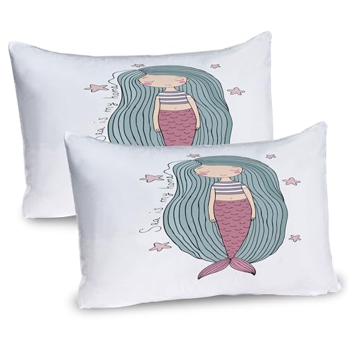 Ambesonne Mermaid Pillow Sham Set of 2, Sea is My Home Words Written in Strand of Hair Girl Sleeping with Stars, Quality Microfiber Bedding Item for All Seasons, 30