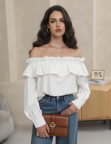 Prettywear Women's Sexy Off Shoulder Tops Long Sleeve Ruffle Blouse Flowy Going Out Shirt Oversized4
