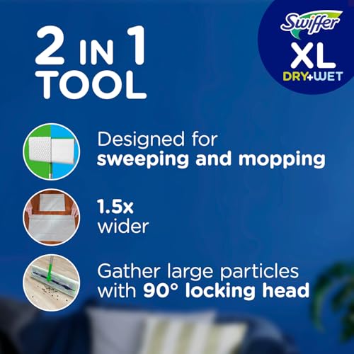 Image of Swiffer Sweep + Mop XL, Broom & Mop Alternative, Floor Cleaner for Dirt, Dust, Hair, All Purpose Cleaning Tool for Home, Bathroom, Kitchen, Set Includes 1 XL Sweeper 8 XL Dry Pads 2 XL Wet Pads Fresh