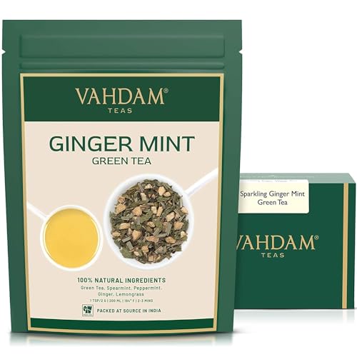 VAHDAM, Ginger Mint Green Tea Loose Leaf (50+ Cups, 3.5oz) Blend Of Ginger Tea & Mint Tea | Pure Green Tea Leaves | High Elevation Grown | Vacuum Sealed