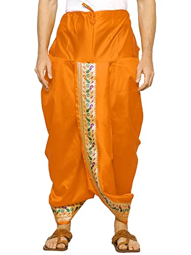 Image of Rameshwaram Fabrics Readymade Dhoti for Men, Velcro Style Stitched Mens Silk Dhoti Pant with Stole Set