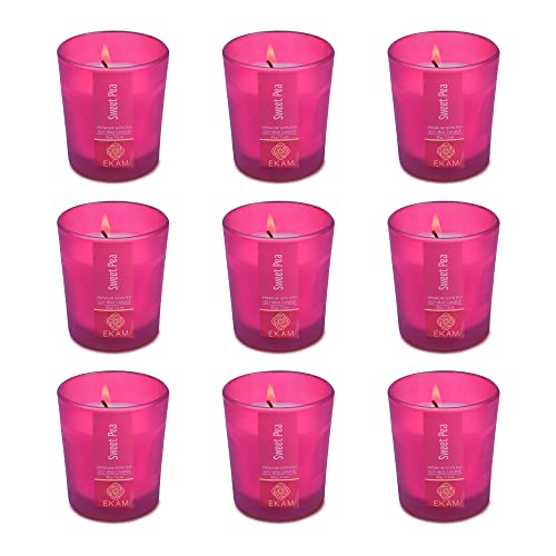 Image of EKAM Sweet Pea Votive Soy Wax Scented Candle, 40 Grams, 10 Hours Burn Time| Long Lasting Premium Candles | Ideal for Home Decor | Gifting & Aromatherapy (Pack of 9)