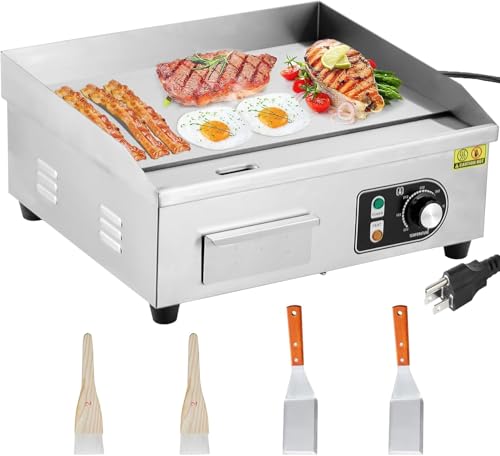 14'' Electric Countertop Griddle, 3000W Commercial Flat Top Grill with Adjustable Temp Control, Stainless Steel Non-Stick Teppanyaki Griddle for Restaurant Kitchen, 110V (No Plug)
