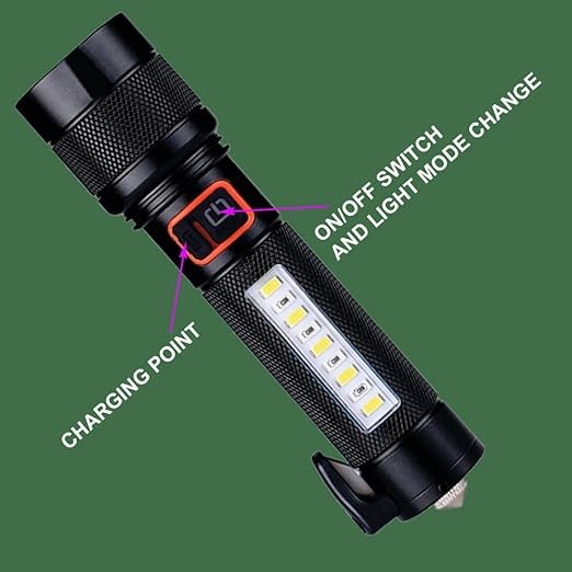 Image of MZ M987 Car Emergency Flashlight with Safety Hammer & Seatbelt Cutter,80W + 30W COB Zoomable LED Torch,5 Light Modes,700ft Long Range,Rechargeable via Type-C, IPX4 Waterproof - Black