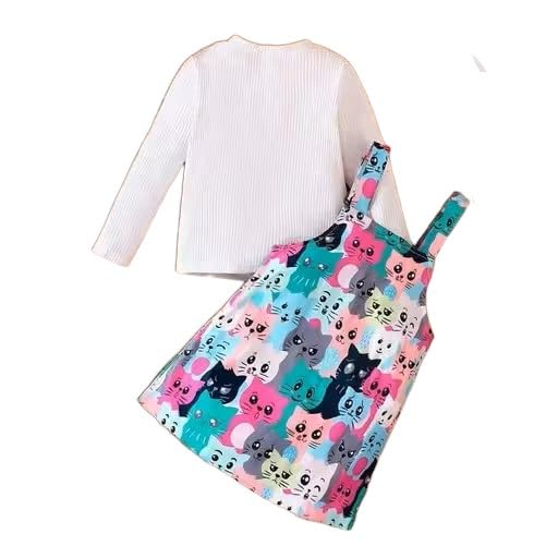 Kids Girls Cat Printed Multicolour Dungaree Dress Set_KQY_dress07_4-5Y,multi