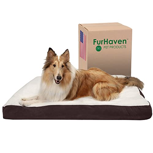 Image of Furhaven Pillow Dog Bed for Large Dogs w / Removable Washable Cover - Sherpa & Suede Mattress - Espresso, Jumbo /XL