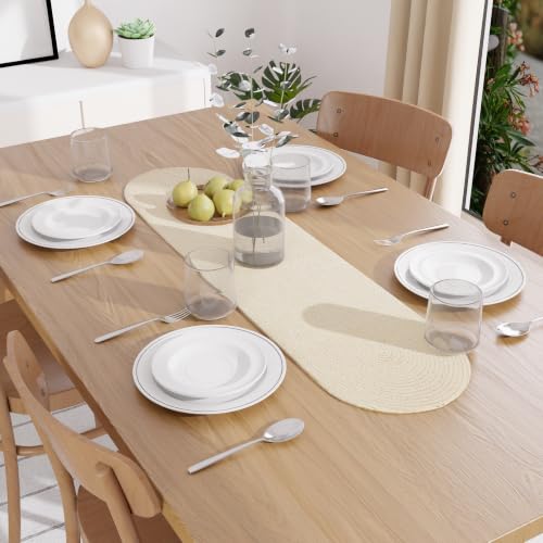 Image of Encasa XO Table Runner for 4 Seater | Handmade Ribbed Style Cotton | 30x122 cm | Off White | for Dining & Center Table