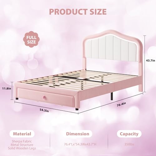 GarveeHome Full Upholstered Bed Frame with Storage Drawer and Smart Led Headboard, Twin Size Platform Bed Frames for Kids, Wooden Slats Support, No Box Spring Needed, Easy Assembly, Pink White