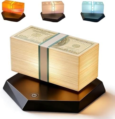Floating Money Banknote Lamp, with 3-Color LED Ambient Light, 360° Rotating Tech Office Desk Decor