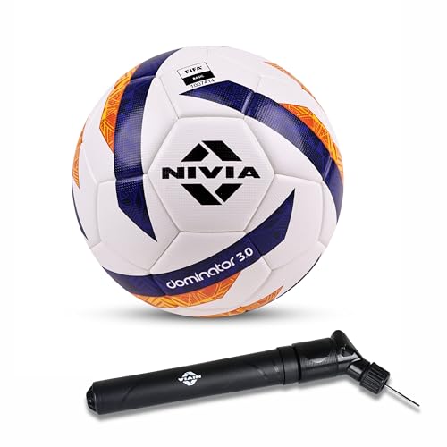 Image of Nivia Dominator 3.0 Football with Ball Pump, Match Ball, 32 Panels, Durable & Soft PU Leather, FIFA Basic, to Play on Both Natural and Artificial Grass (Size - 5, Multicolor)