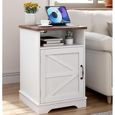 Smart FENDEE Farmhouse White Nightstand with Charging Station, Bedside Table with Storage, Rustic Side End Table with Wooden Legs, Night Stand with Open Shelf for Bedroom Cover