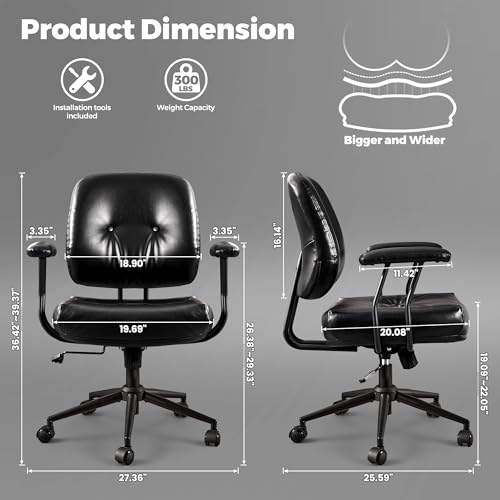 Image of ovios Ergonomic Office Chair, Mid Back Faux Leather Executive Chairs with Thick Cushion, Comfy Mid-Century Modern Swivel Rolling Computer Armchair (Black, PU Leather)