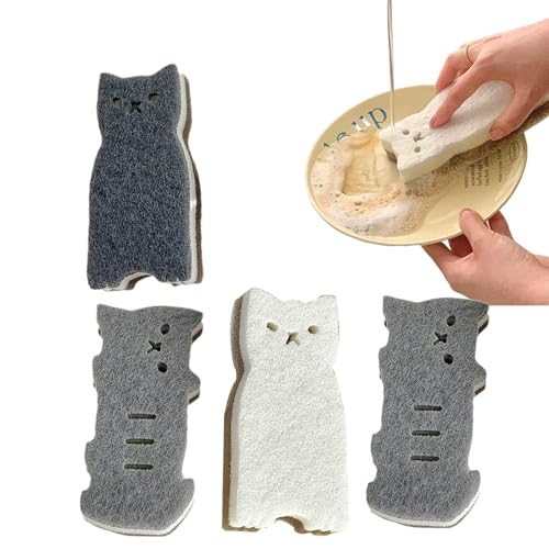 Linda esponja para lavar platos con forma de gato, paquete de 4 estropajos de platos reutilizables | Herramientas multifuncionales para lavavajillas domésticos para limpieza de cocina, uso doméstico y