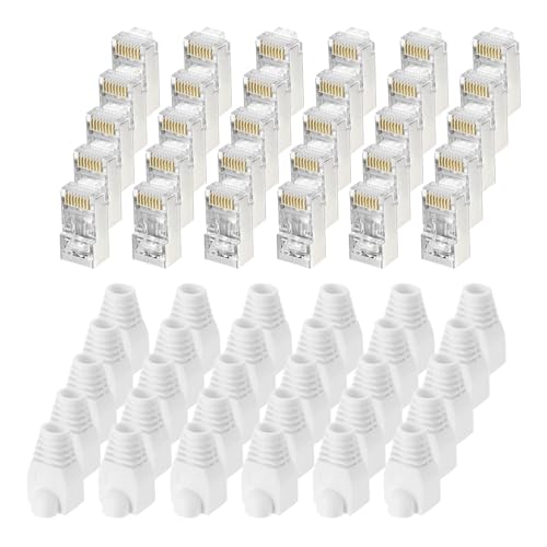 sourcing map 100 conectores de paso CAT6 RJ45, conectores RJ45 STP/FTP 8P8C chapados en oro con 100 botas blancas de alivio de tensión para cable Ethernet de 24-26 AWG
