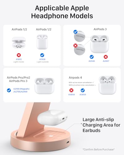 Image of Anlmz 3 in 1 Charging Station for iPhone, Wireless Charger for iPhone 17 16e 16 15 14 13 12 11 X Pro Max & Apple Watch - Charging Stand Dock for AirPods (Rose)