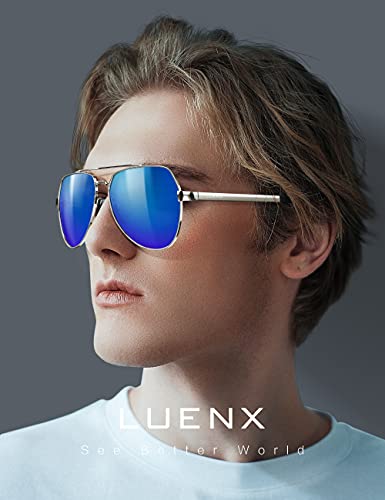 Luenx Men Women Aviator Sunglasses Polarized Shades Flexible Spring Hinge - Dark Blue Mirror Lens Silver Metal Frame 60Mm #TOP2