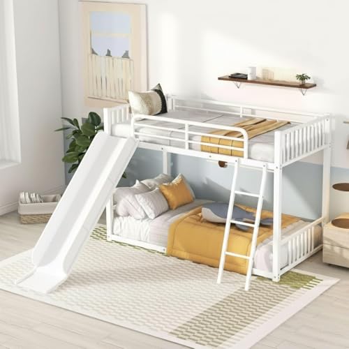 Image of Metal Bunk Bed Frame for Kids | Twin Over Twin Metal Bunk Bed with Slide for Bedroom Living Room Home (White)