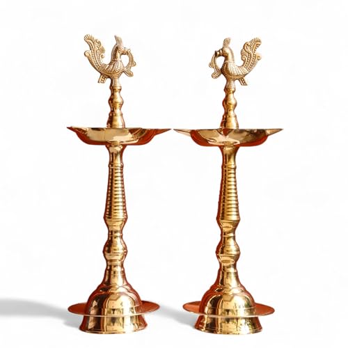 Kerala Brass Diya with Peacock Design | Height: 12 Inch Premium K...
