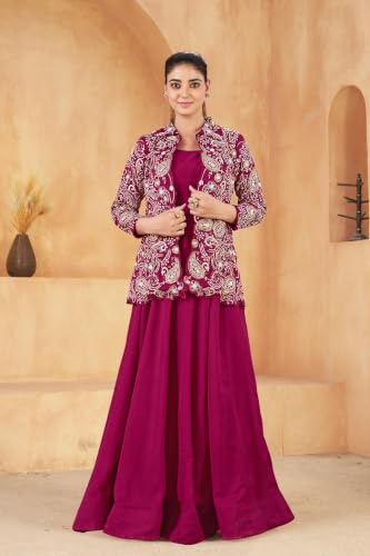 Image of Miss Ethnik Women's Maroon Vichitra Silk A-Line Gown with Heavy Embroidered Jacket - Mandarin Neck Full Sleeve Solid Maxi Dress, Festive Ethnic Wear