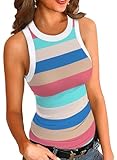 VICHYIE Summer Striped Tank Top for Women Sleeveless Colorblock Tops Shirt Slim Fitted Ribbed Racerback Blouses Tanks L
