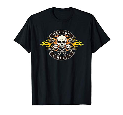 Motorcycle Rider Raising Hell Skull with Flames Camiseta