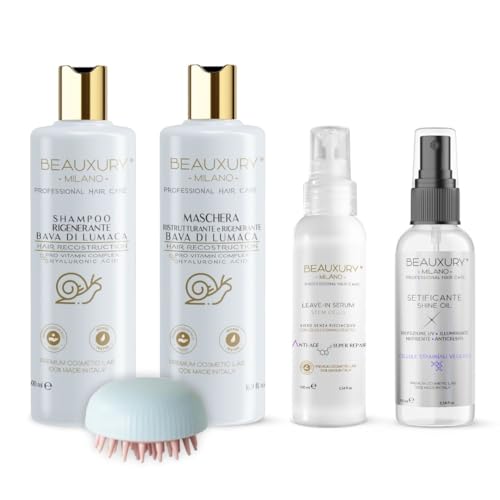 Beauxury Milano Kit Luxury Premium Professionale Shampoo, Maschera, Leave-in, Setificante e Spazzola Brush con Bava di Lumaca Ideale per Capelli Danneggiati da Tintura e Decolorazione.